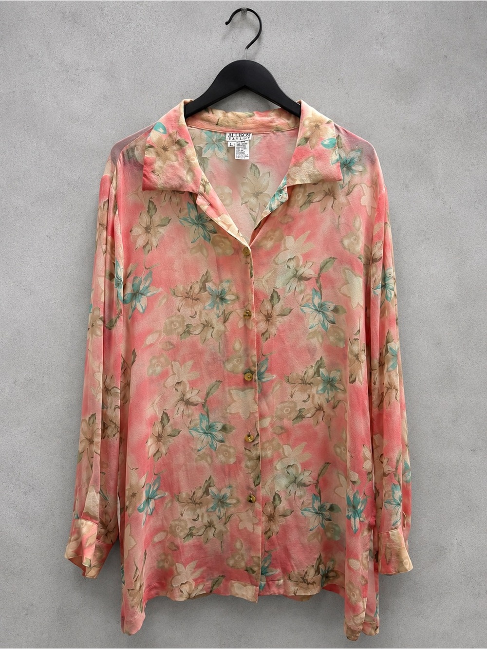 Allison Taylor 100% Silk Floral Blouse Pink Watercolor Size L